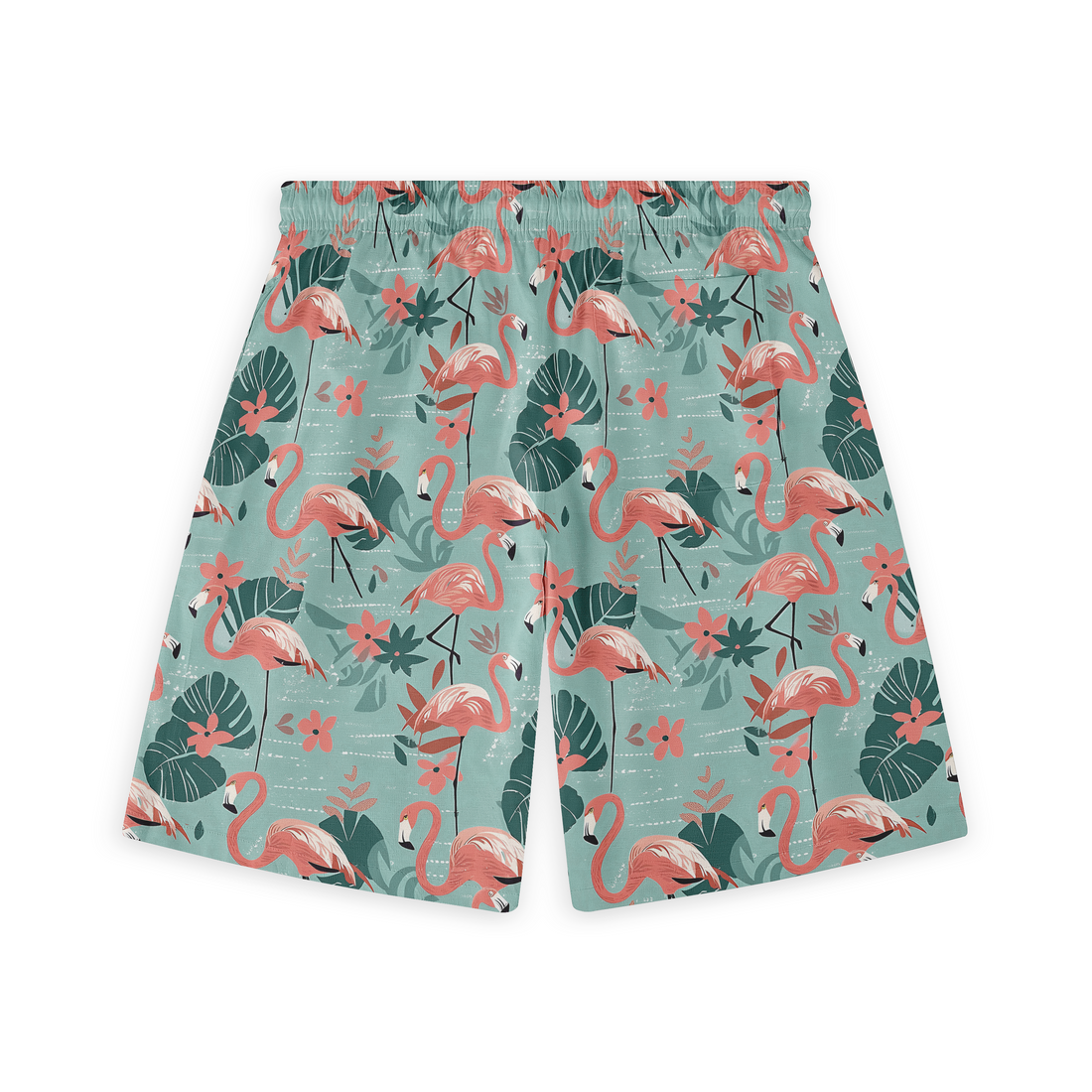 Green shorts with pink flamingo and leaf pattern.