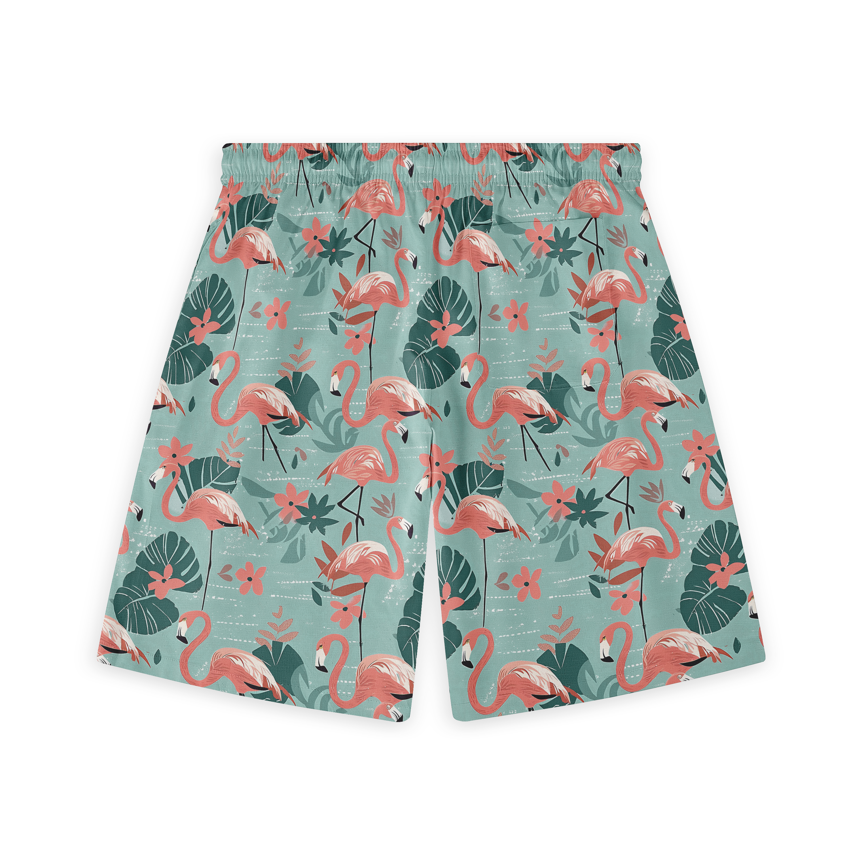 A pair of shorts featuring a design with pink flamingos, green leaves, and flowers on a light teal background, creating a fun and tropical vibe.