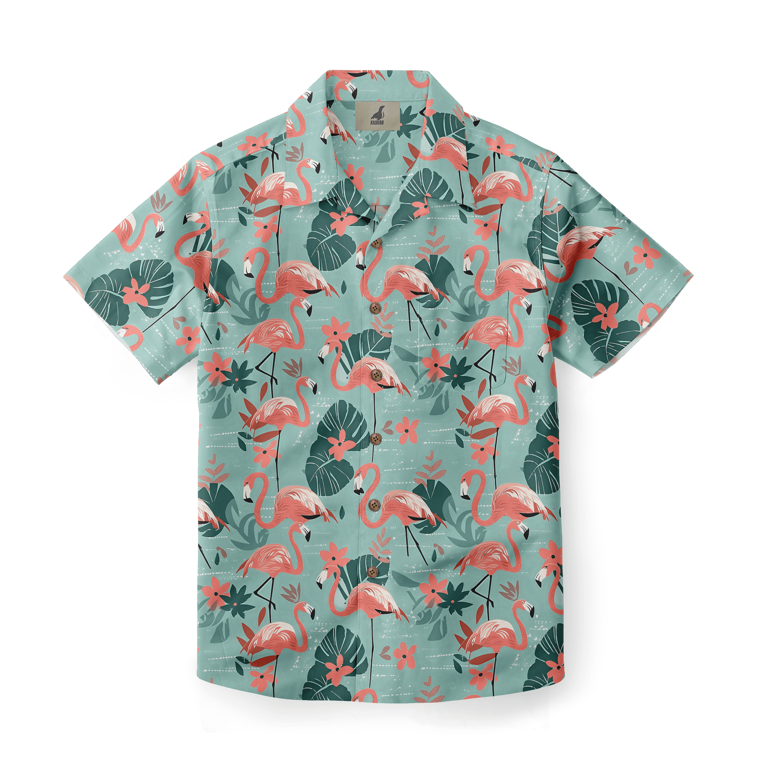 Hawaiian shirt with pink flamingos and tropical flowers, showcasing a fresh and vibrant tropical vibe.