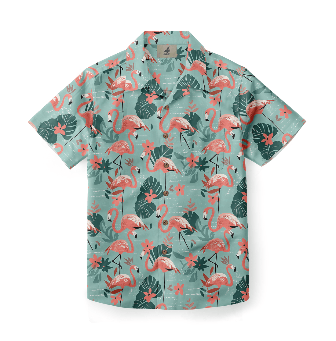 Tropical shirt with pink flamingos, green leaves, and flowers.