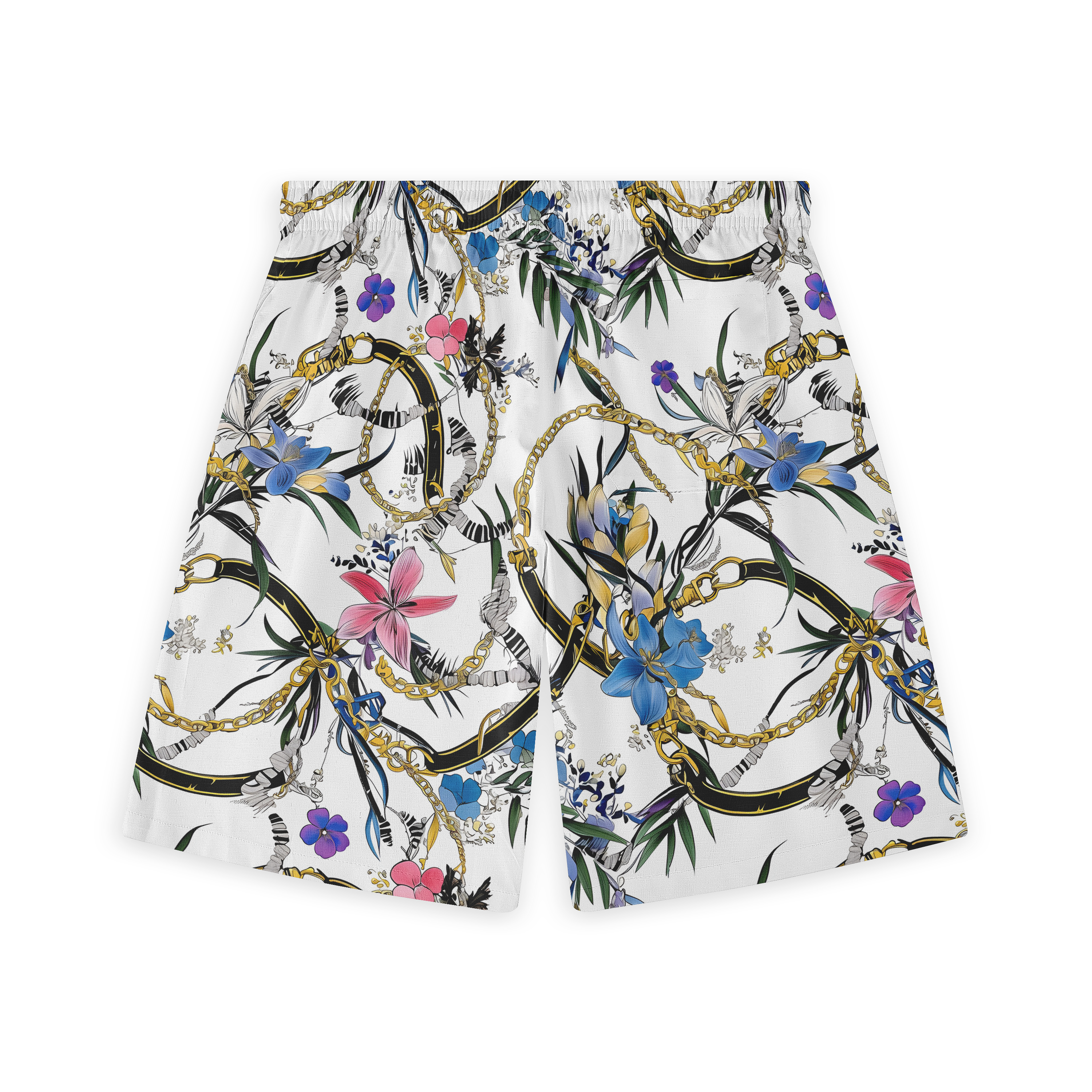 A pair of shorts featuring a design with gold chains, flowers, and botanical elements on a white background, creating a bold and luxurious look.