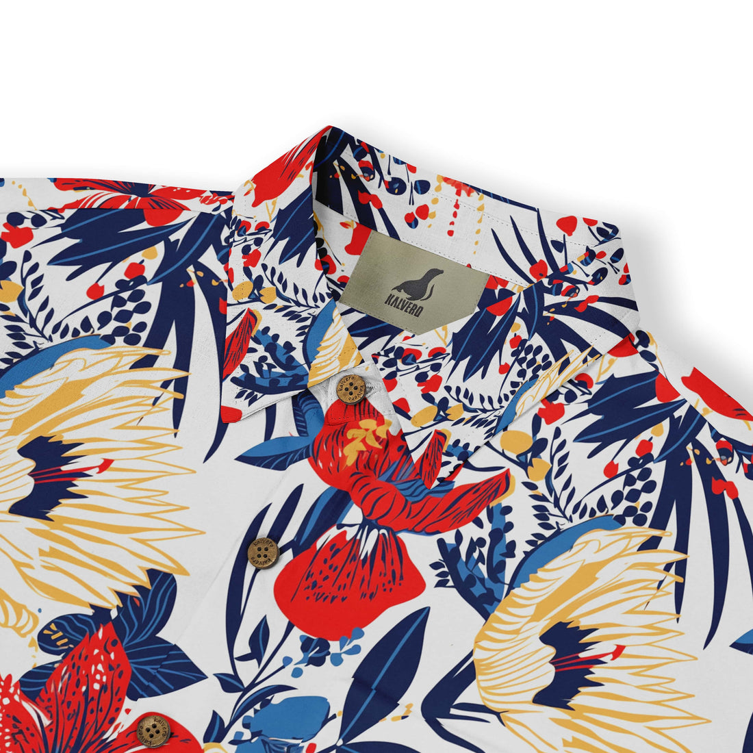 Vibrant flower-themed short-sleeve shirt in red, blue, and white.