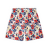 A pair of shorts featuring vibrant red and yellow flowers with dark blue leaves on a light background, creating a bold and colorful floral design.