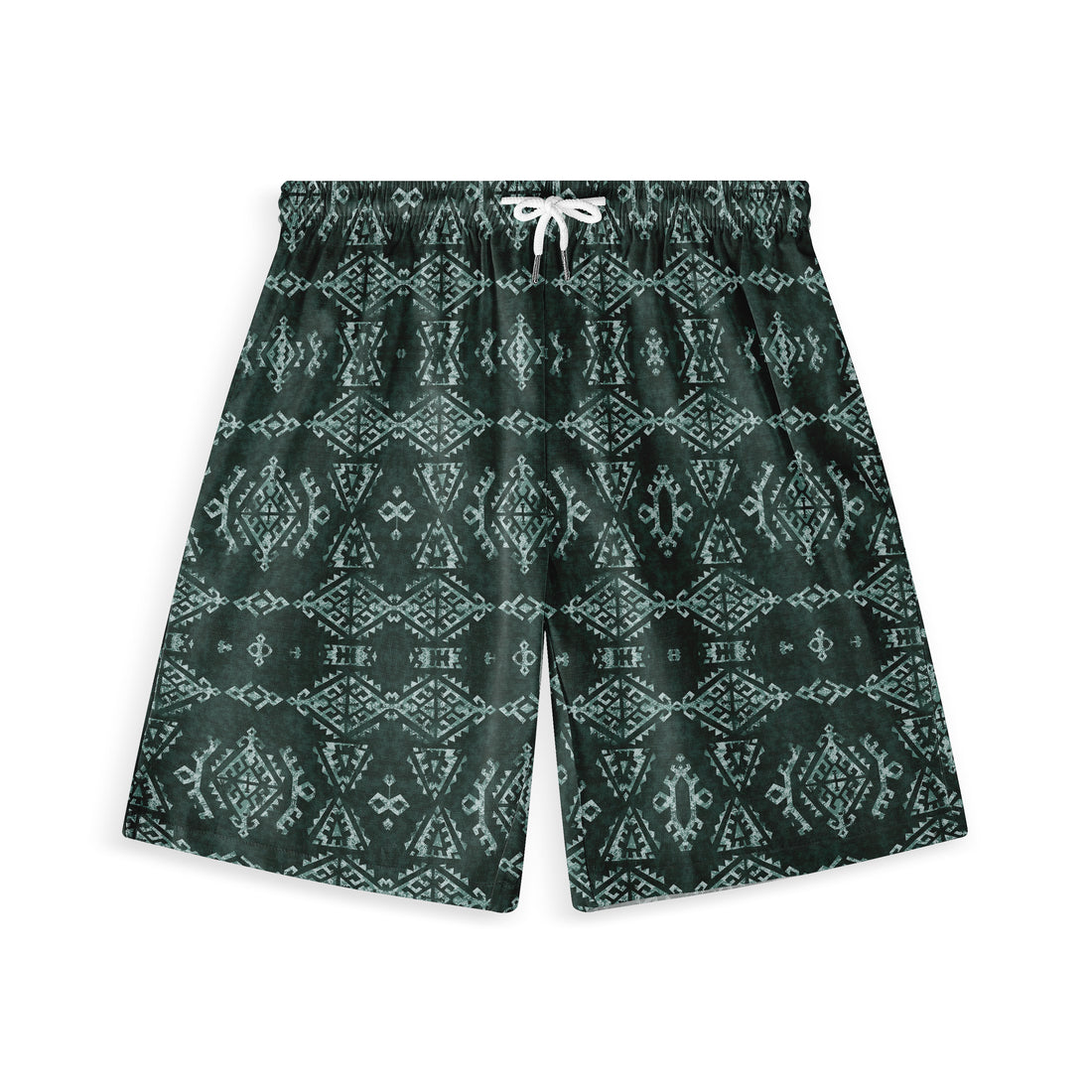 Dark green shorts with intricate geometric patterns and white.