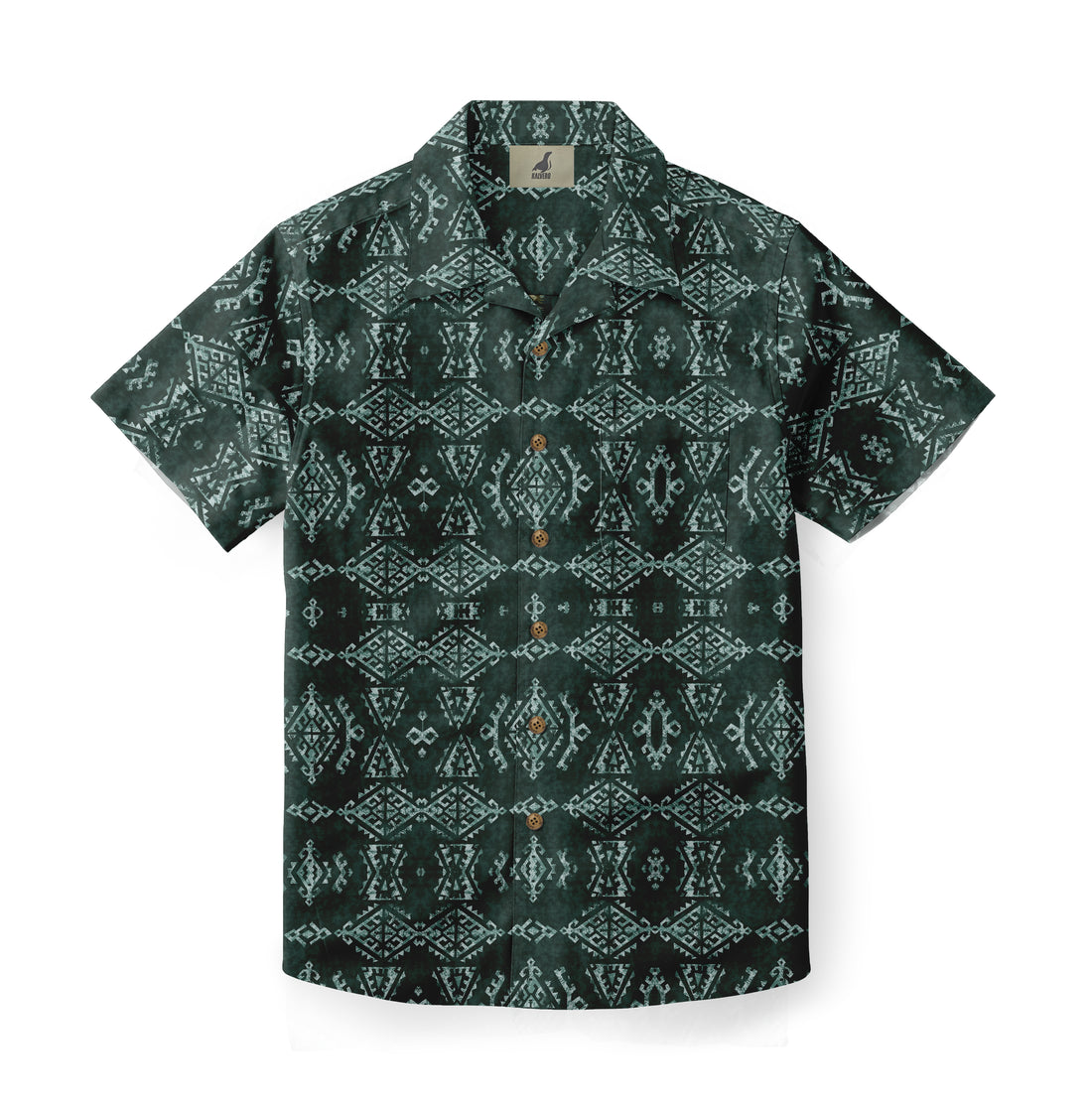 Dark green short-sleeve shirt with intricate geometric patterns.