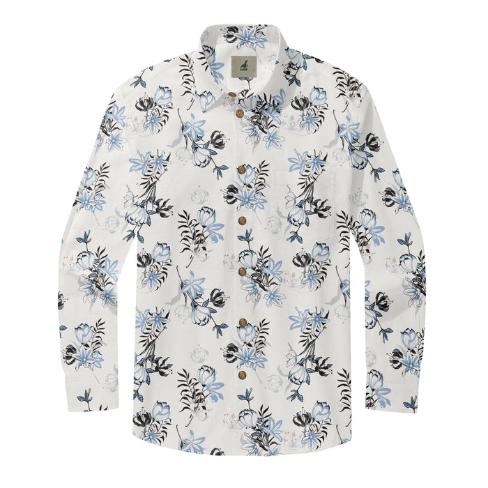 White Tropical Floral Long Sleeve Hawaiian Shirt