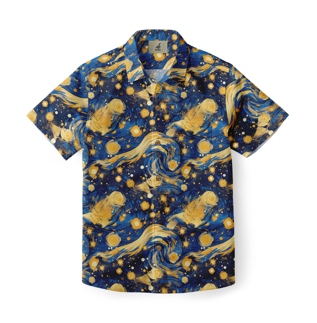 Vibrant Hawaiian shirt with blue and gold swirling galaxy pattern featuring stars and waves.