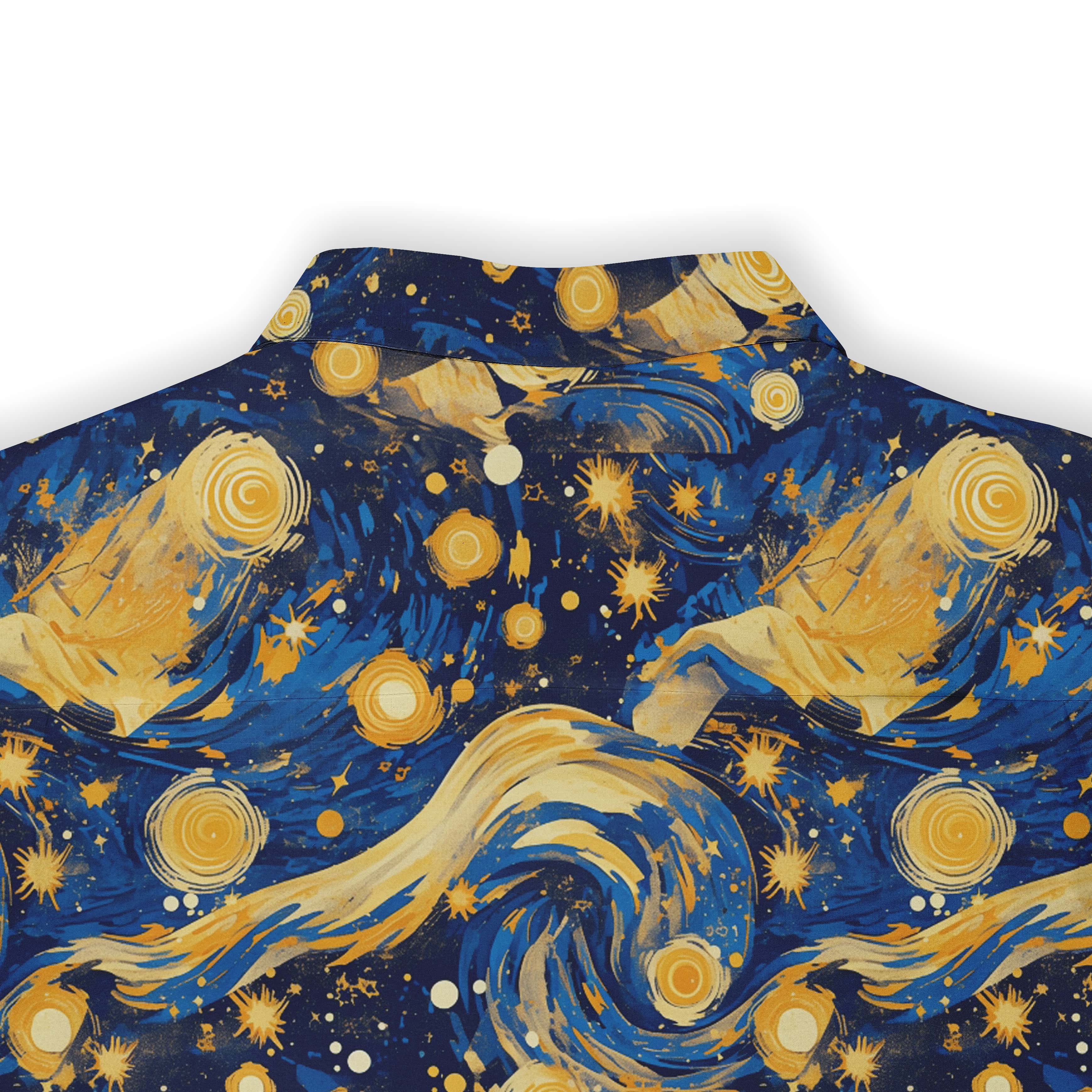 Shirt design featuring golden stars, swirling waves, and celestial whales.