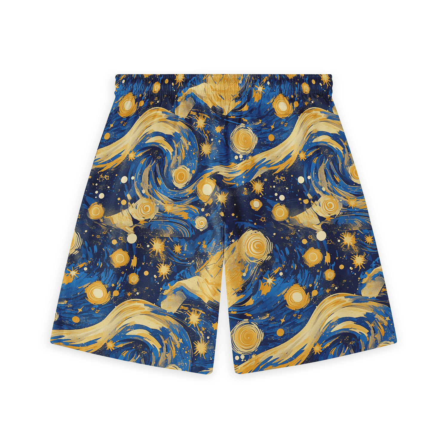 Galactic-themed short with swirling waves and starry night design.