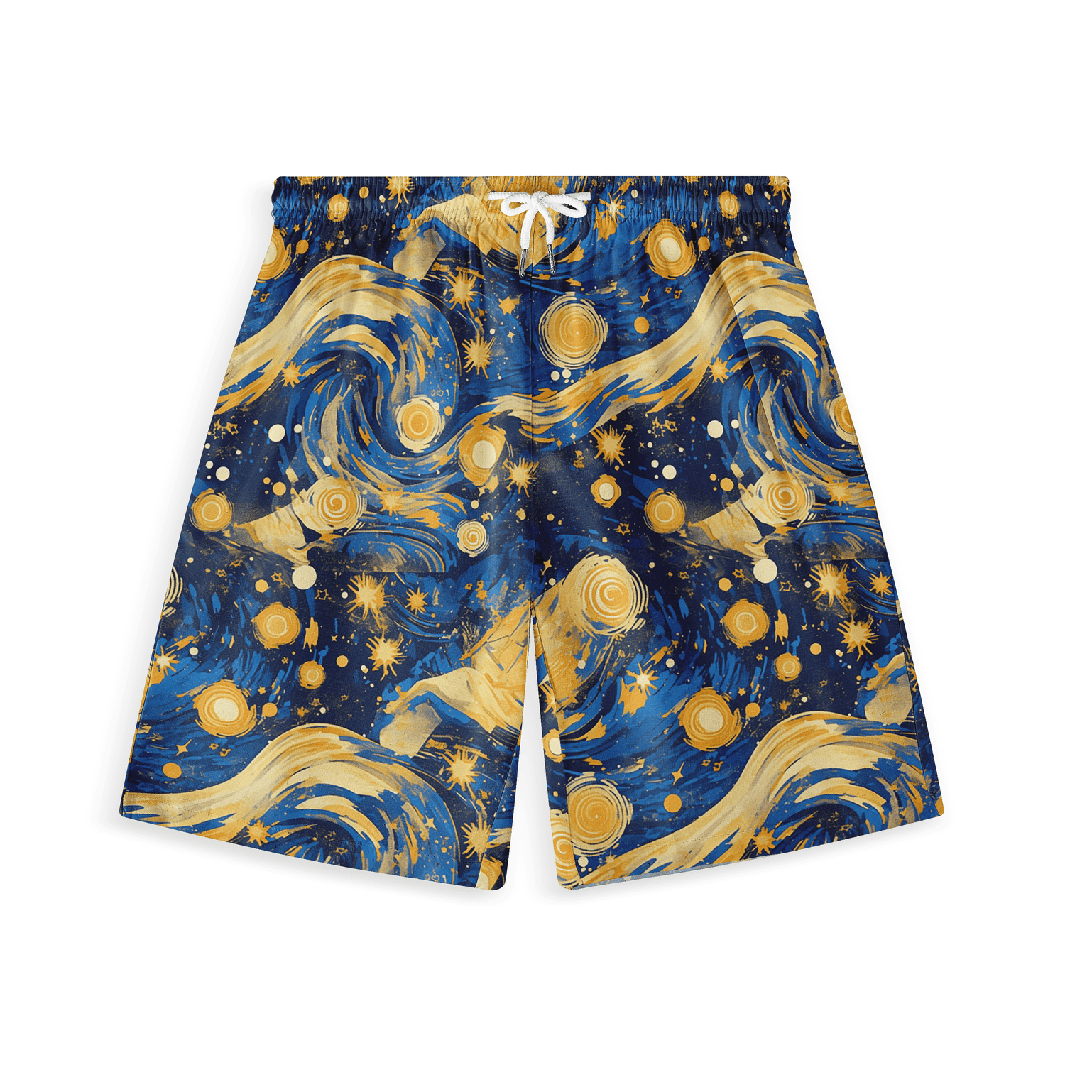 Vibrant Hawaiian short with blue and gold swirling galaxy pattern featuring stars and waves.