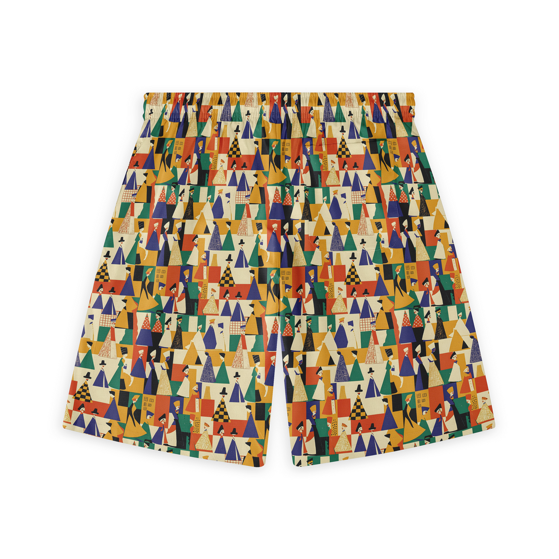 A pair of shorts featuring a design with geometric shapes and abstract human figures in various colors, creating a bold and artistic pattern.