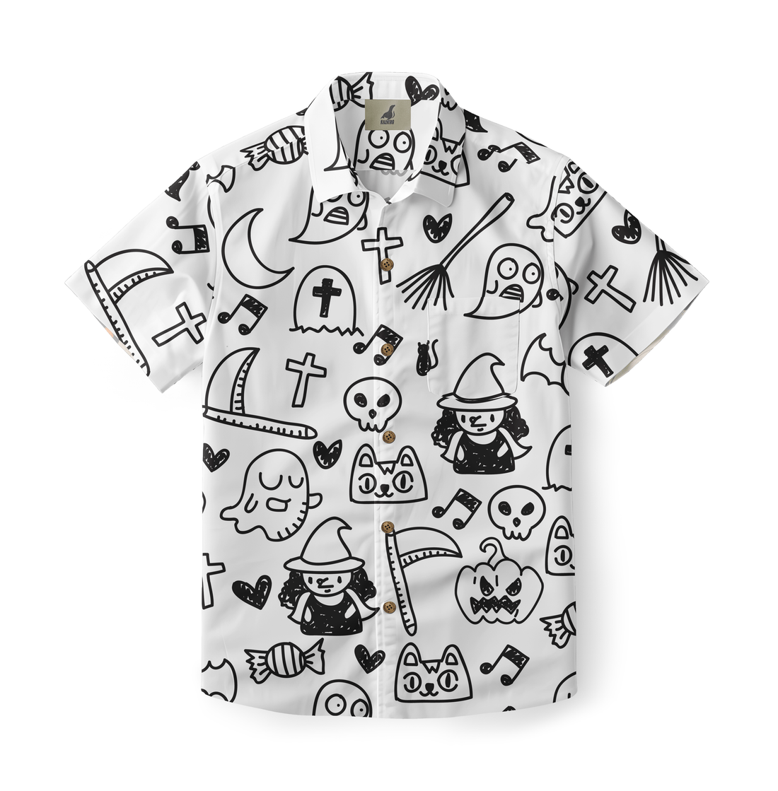 White short-sleeve shirt with black Halloween-themed doodles.