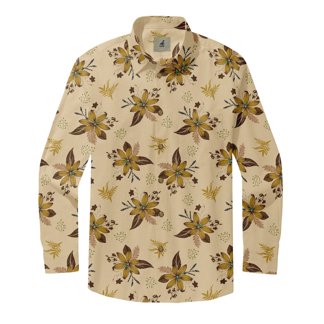 Beige Tropical Floral Long Sleeve Hawaiian Shirt