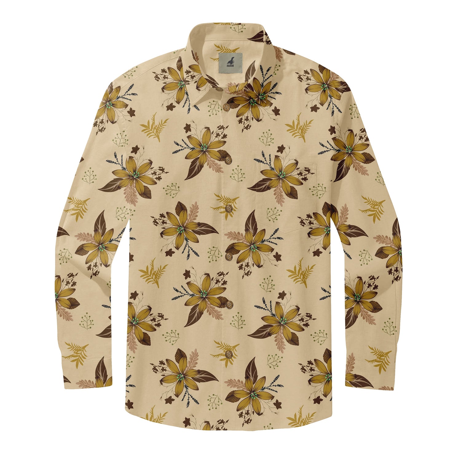 Beige Tropical Floral Long Sleeve Hawaiian Shirt