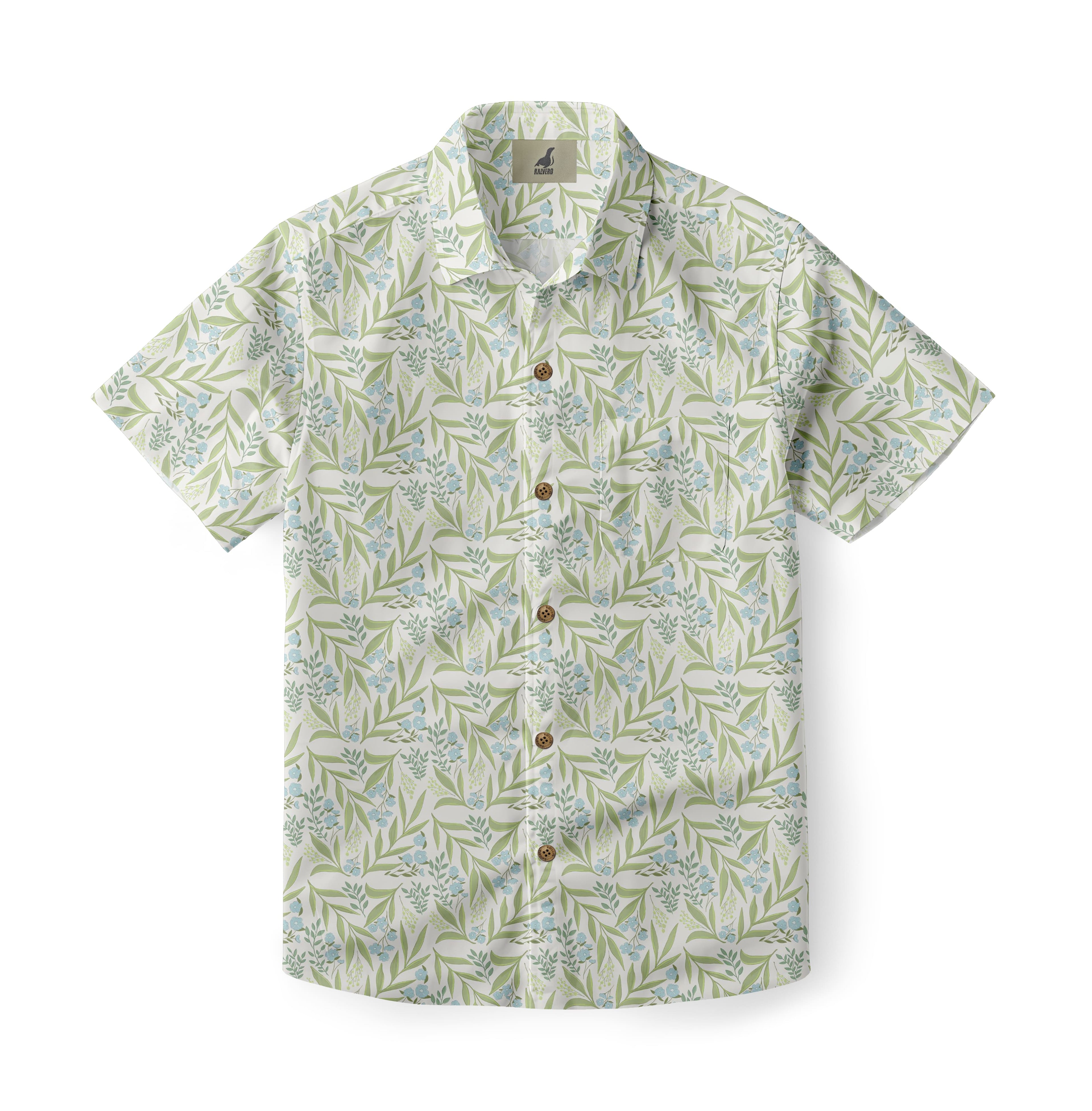 White Green Leaf and Blue Flower Hawaiian Shirt