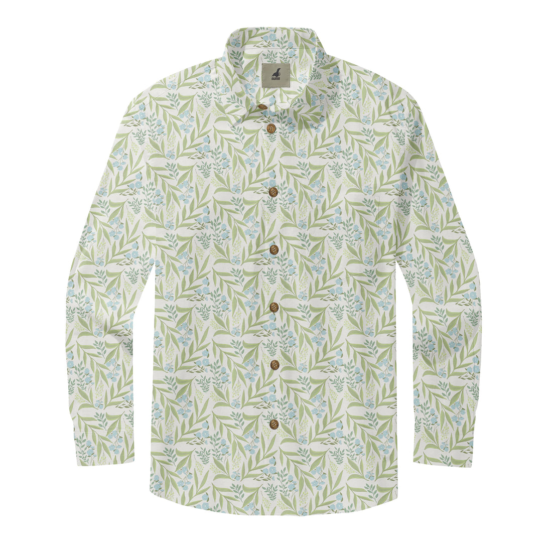 White Green Leaf and Blue Flower Long Sleeve Hawaiian Shirt