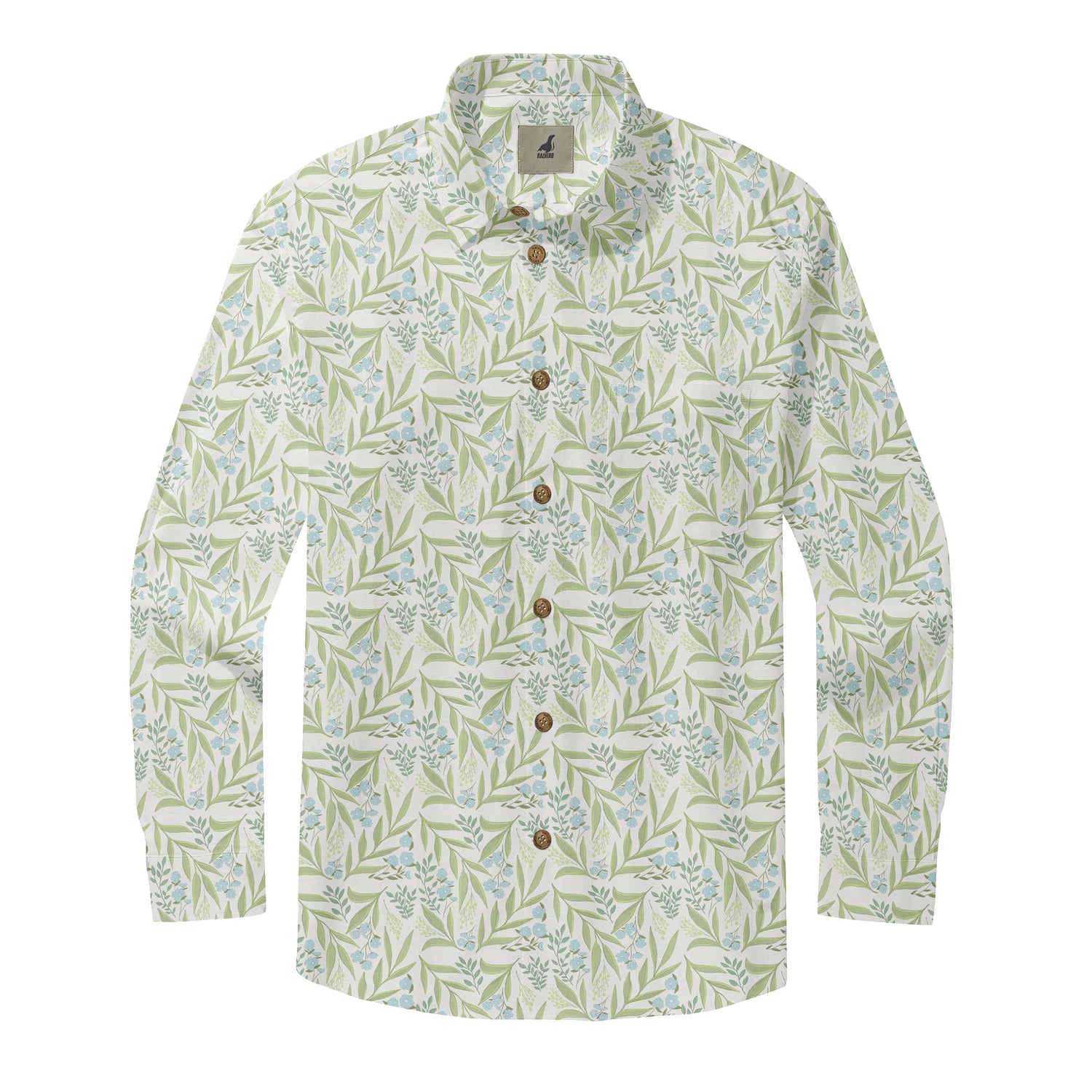 White Green Leaf and Blue Flower Long Sleeve Hawaiian Shirt