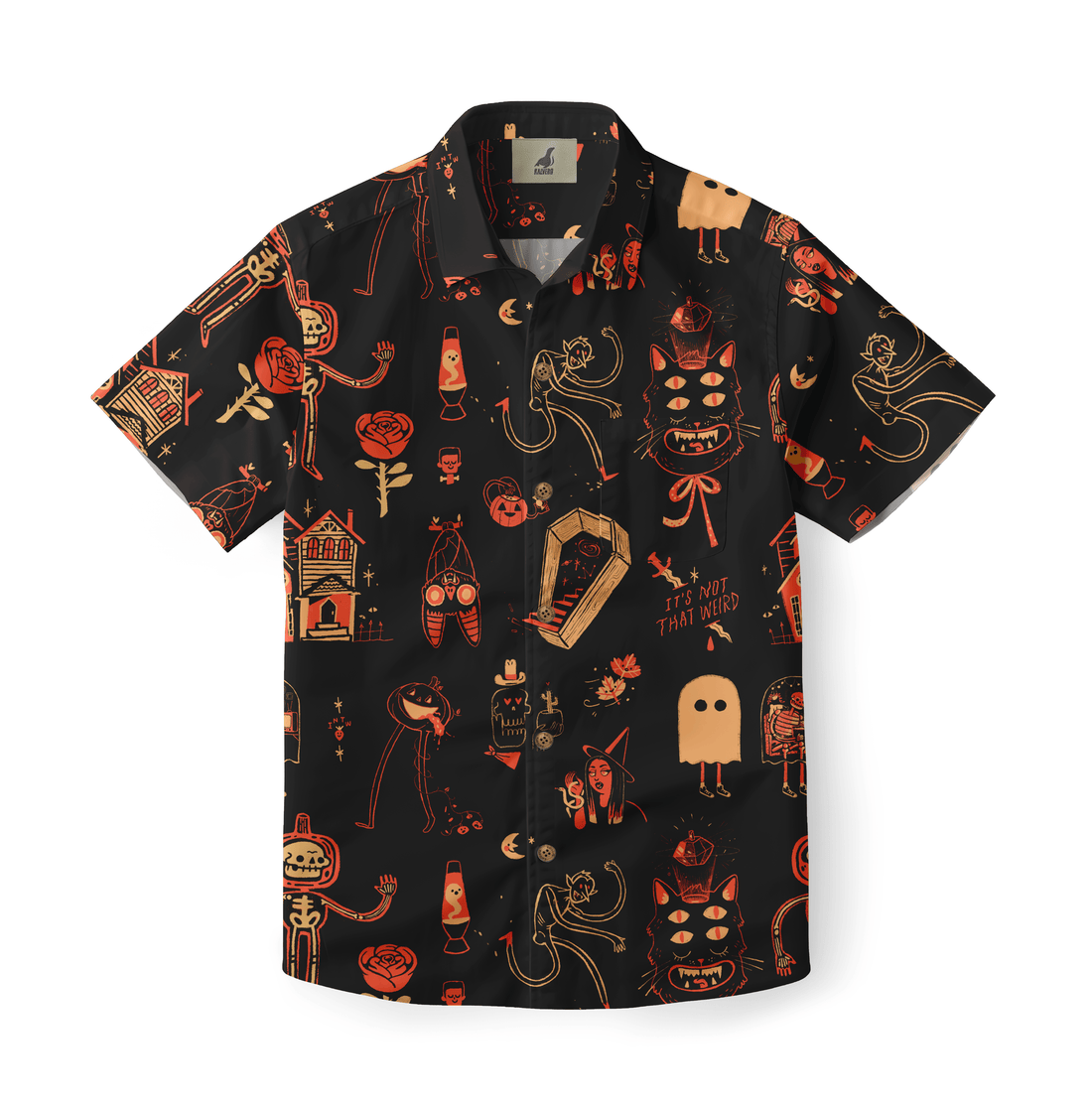 Black Hawaiian shirt with Halloween-themed pattern featuring cats.