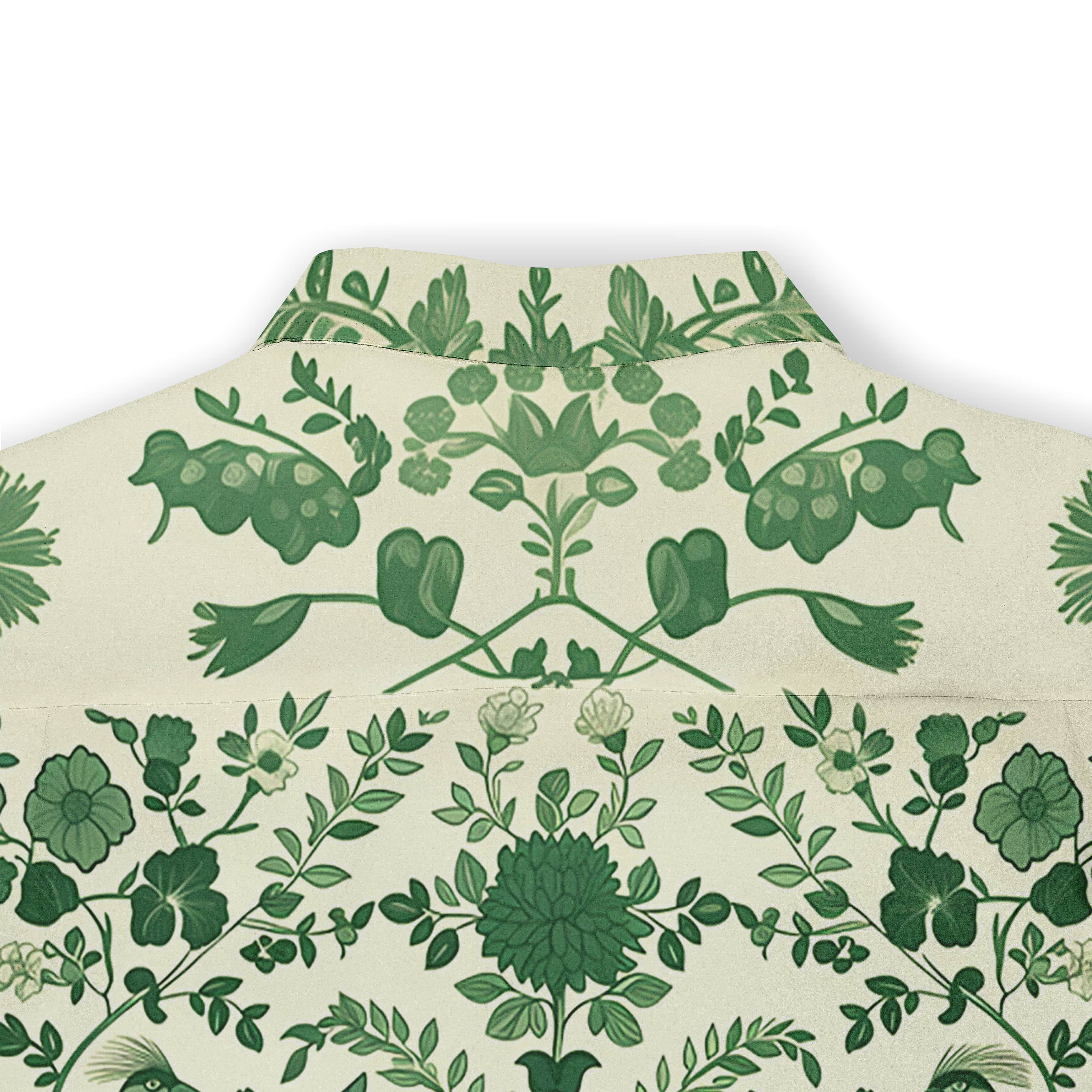 Harmony in nature represented through a green floral and bird patterned shirt.