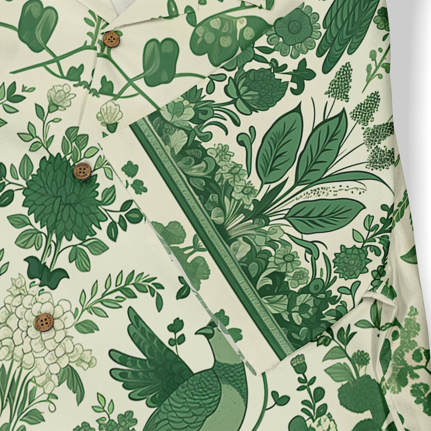 Elegant green shirt with a tranquil design of flowers and birds.