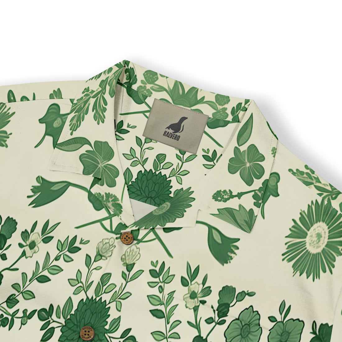 Green floral shirt with Kalvero logo, beige background.
