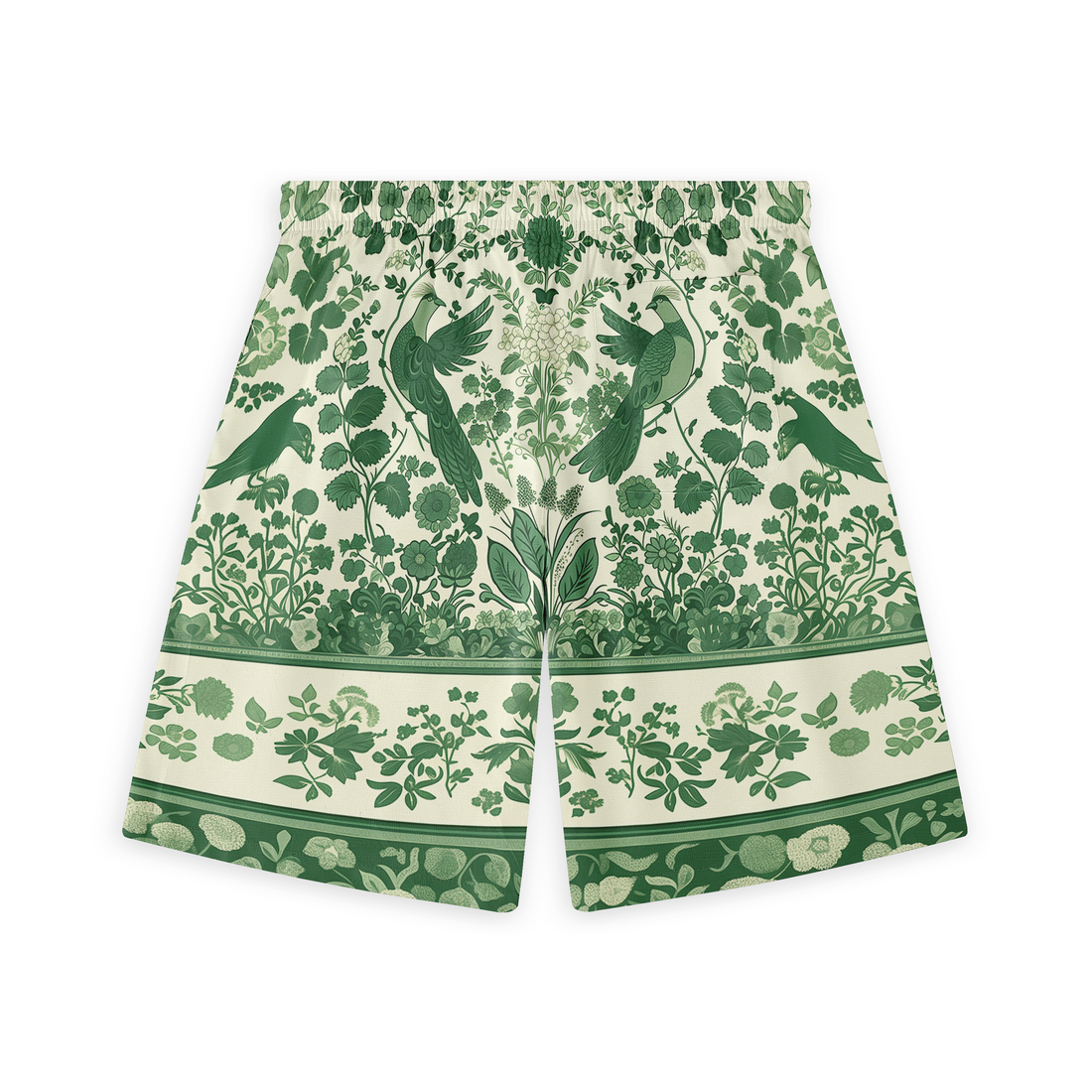 A pair of shorts featuring intricate green foliage, birds, and botanical patterns on a light background, creating a harmonious and nature-inspired design.