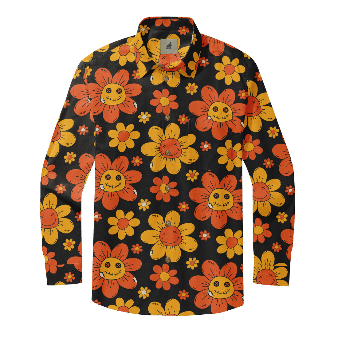 Black shirt with orange and yellow smiling flower pattern, featuring.