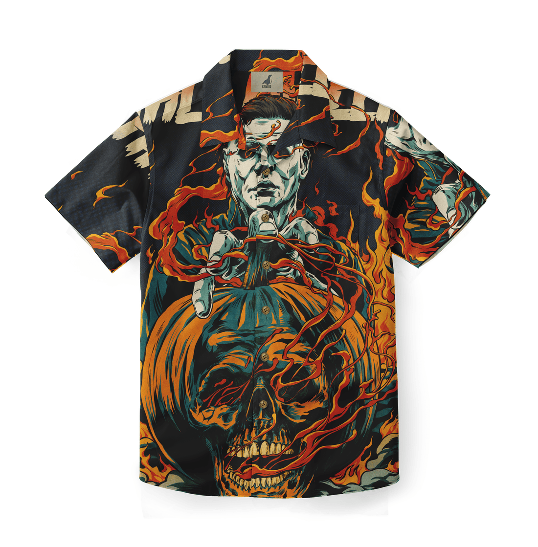 Dark Hawaiian shirt with fiery skull and man graphic, vibrant orange.