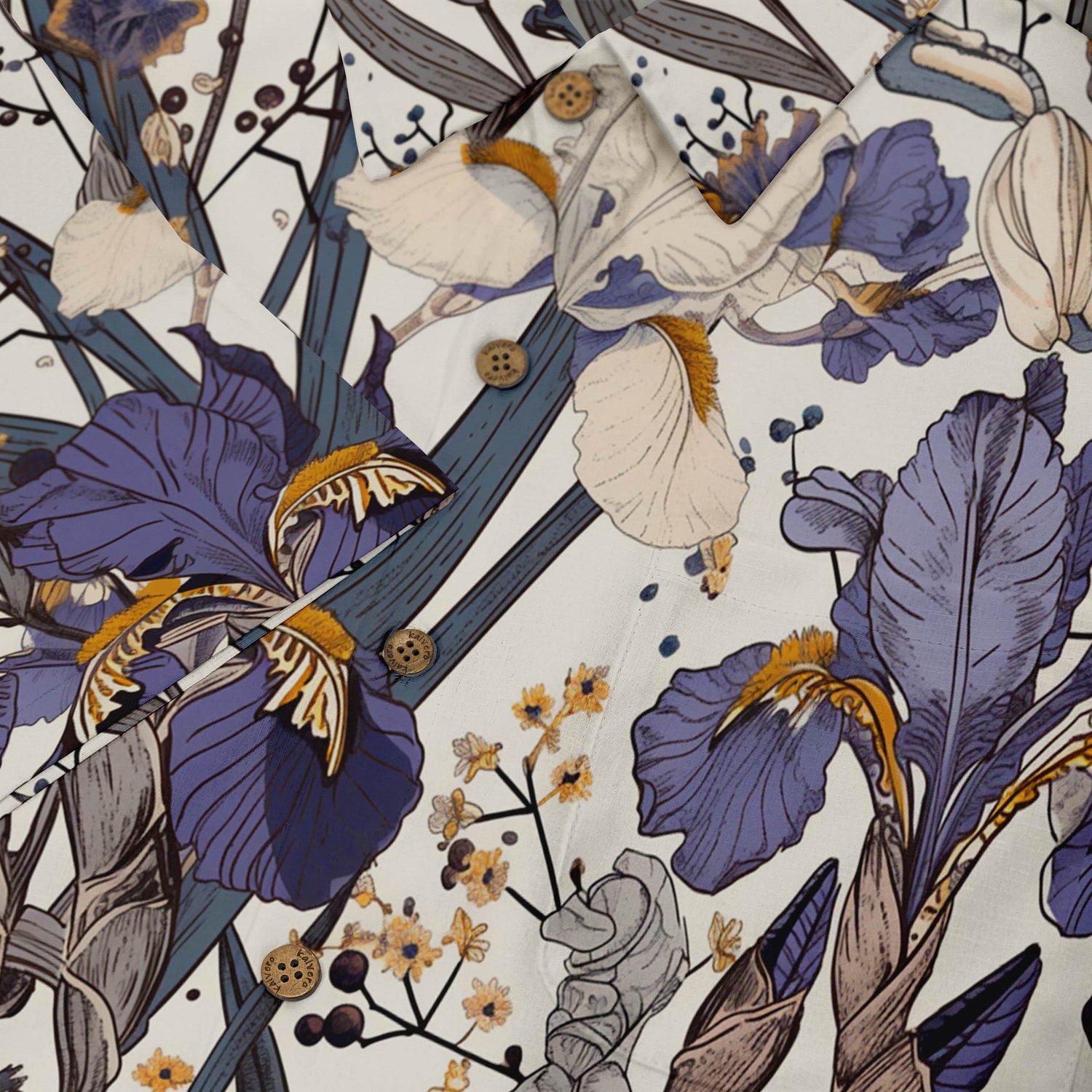Floral shirt with purple and white flowers, brown buttons.