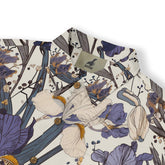 Iris Meadow" patterned shirt with intricate flower designs.