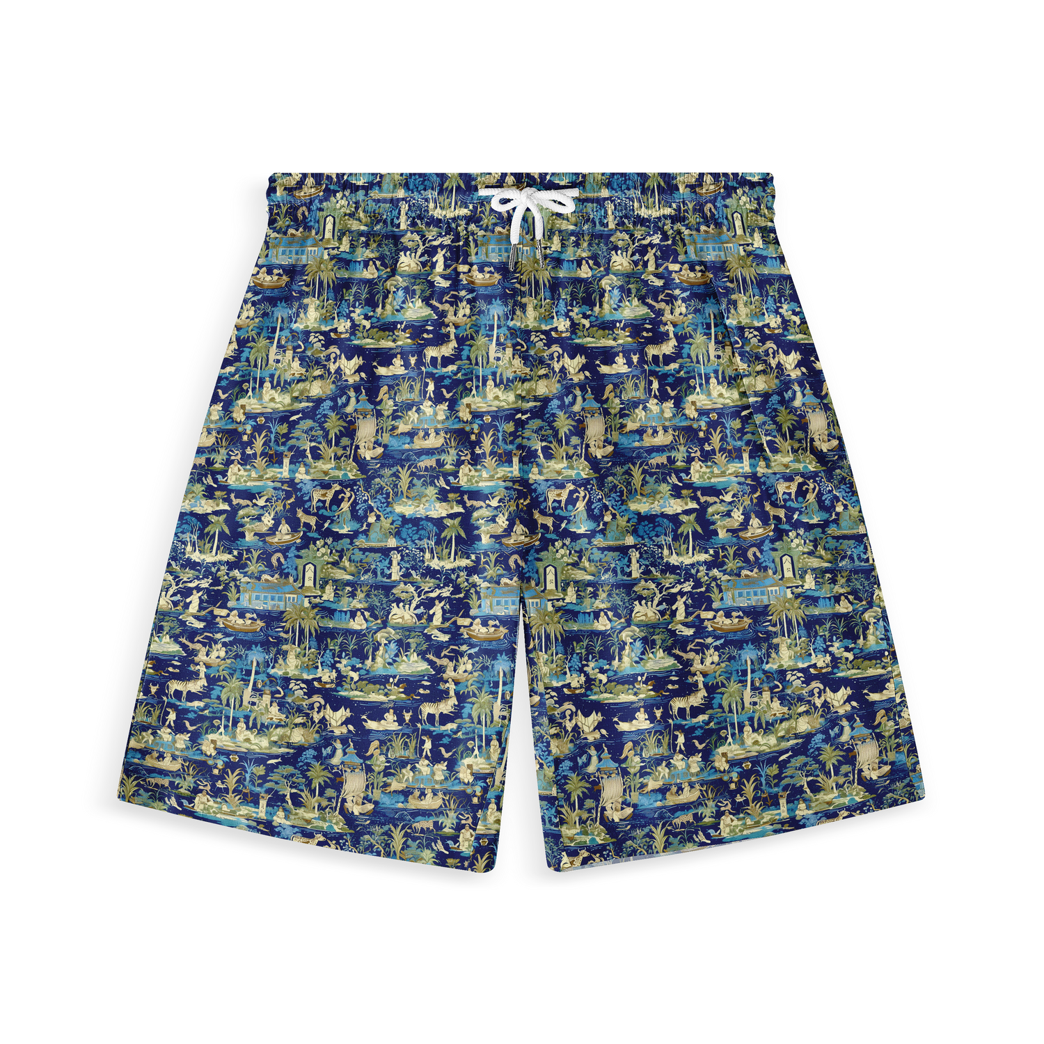 A pair of shorts featuring a design with intricate blue and green foliage, birds, and botanical elements on a dark background, creating a lush and detailed nature-inspired pattern.