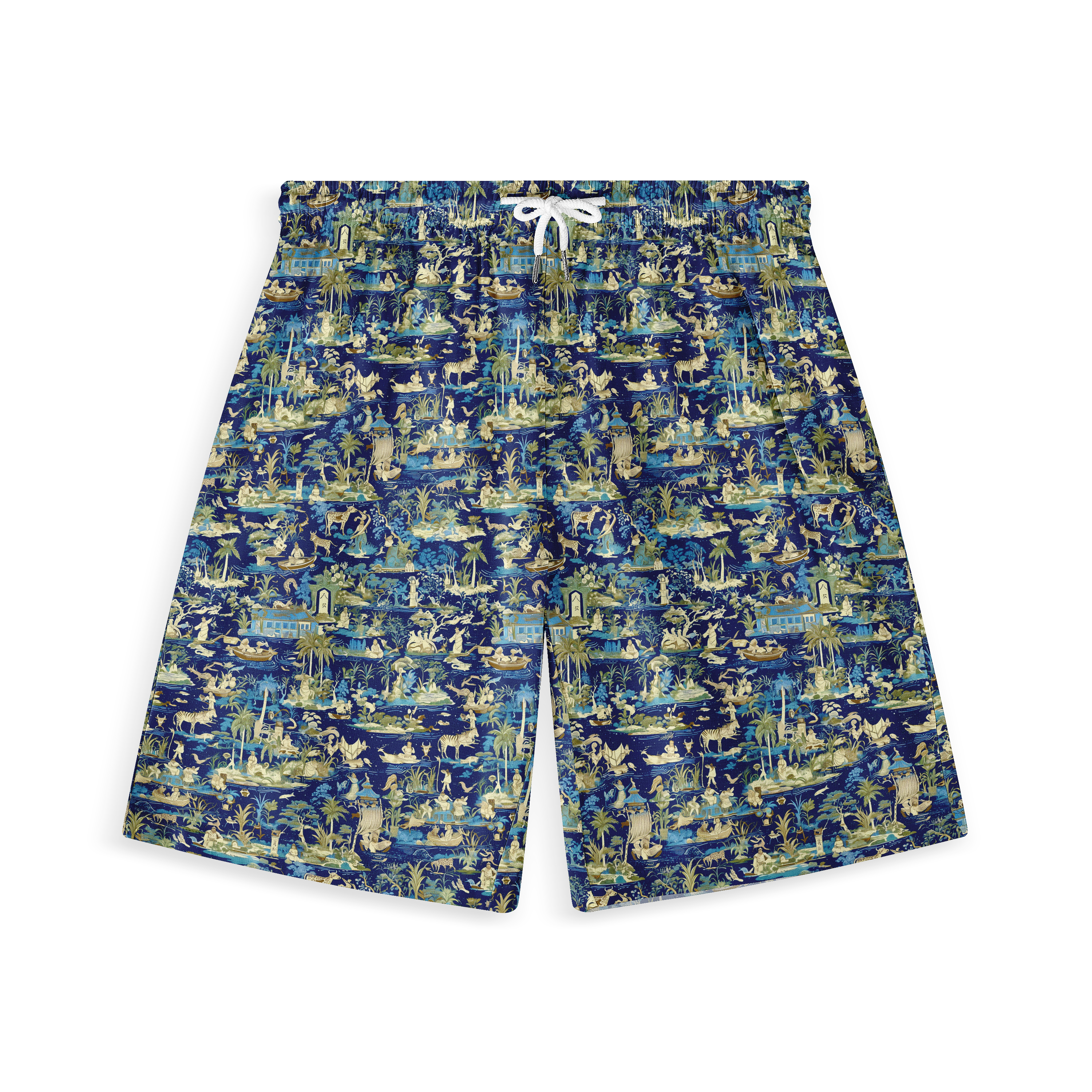 A pair of shorts featuring a design with intricate blue and green foliage, birds, and botanical elements on a dark background, creating a lush and detailed nature-inspired pattern.