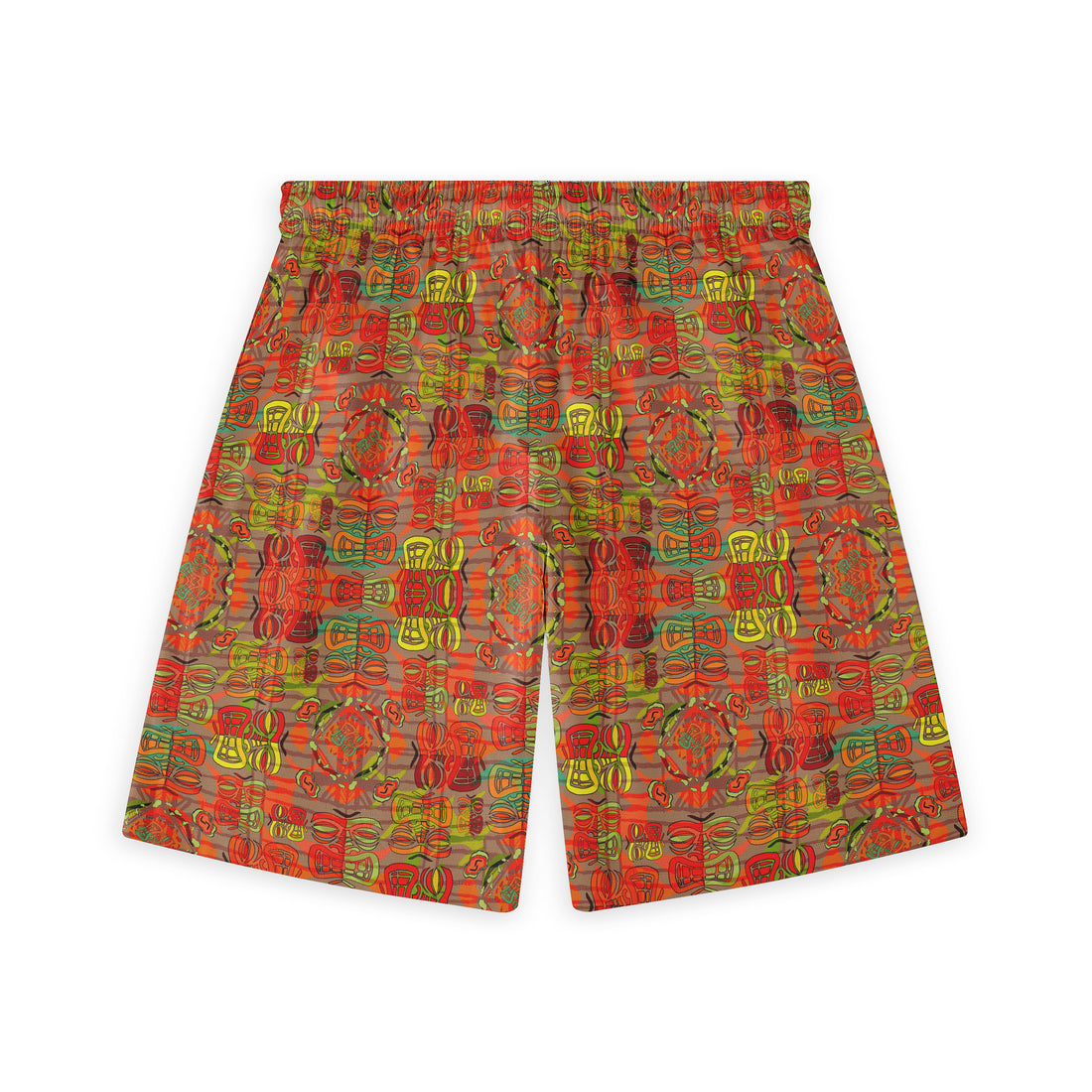 Colorful patterned shorts with vibrant red, green, and yellow.