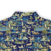 Detailed shirt pattern with tropical island scenery for a vacation vibe.