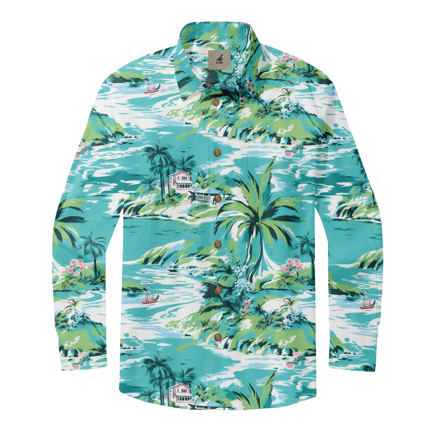 Teal Tropical Island Scenic Long Sleeve Hawaiian Shirt