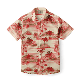 Hawaiian shirt with vibrant red tropical island scene and palm trees.