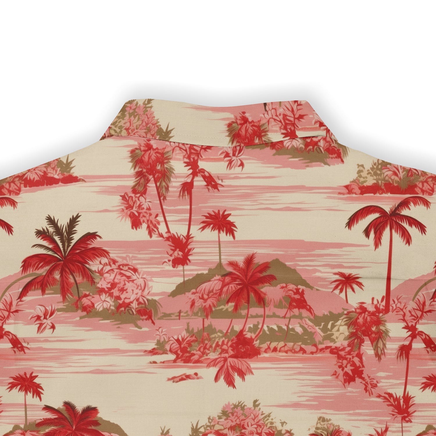 Back view of a Hawaiian shirt featuring a design with red palm trees and tropical scenery on a light-colored background.