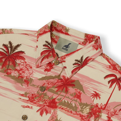 Alt text: Hawaiian shirt with a design featuring red palm trees and tropical scenery on a light-colored background.