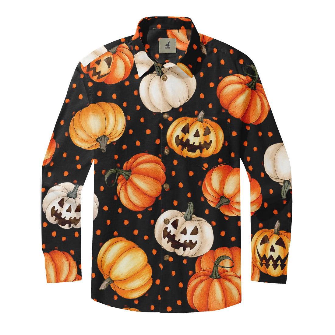 Black shirt with orange and white pumpkins, jack-o&