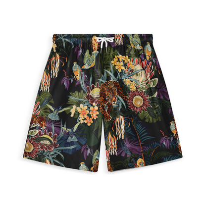 This image shows a pair of shorts with a vibrant design featuring a leopard, various birds, and an array of colorful tropical flowers and foliage, creating an exotic and lively pattern.