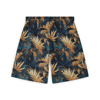 A pair of shorts featuring vibrant tropical foliage in shades of blue, green, and orange, creating a bold and dynamic jungle-inspired design.