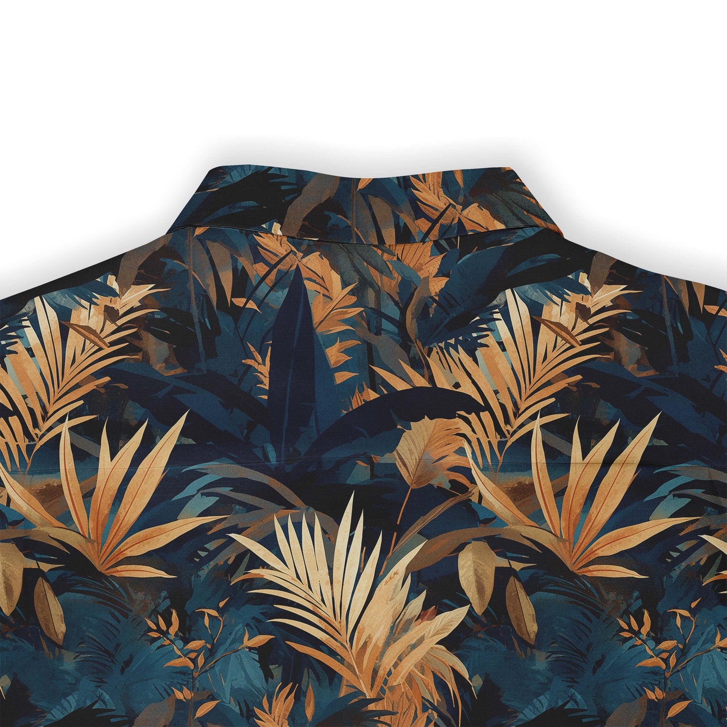 Dark blue shirt with orange and gold tropical leaf pattern.