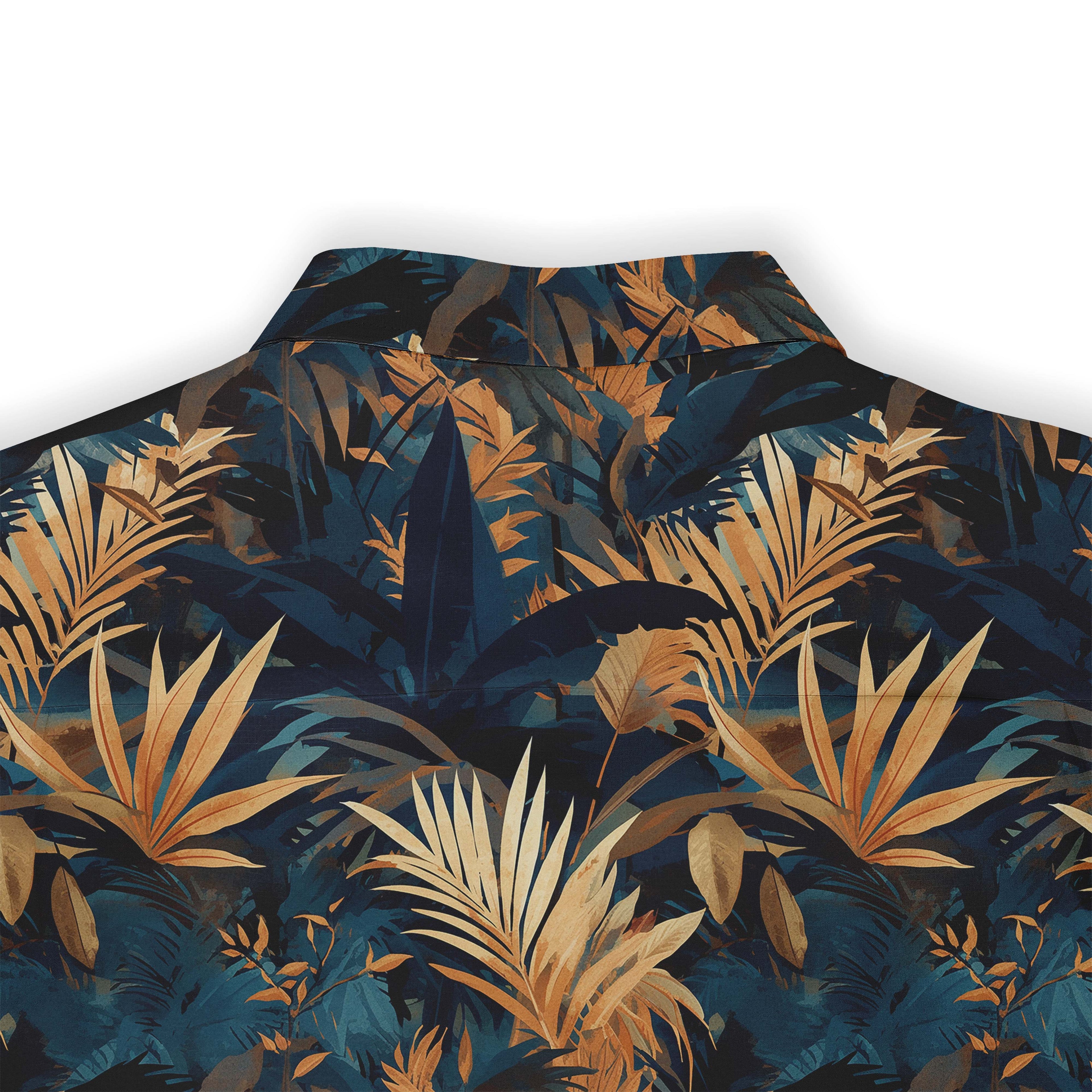 Dark blue shirt with orange and gold tropical leaf pattern.