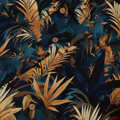 Dark blue shirt with orange tropical leaf pattern.