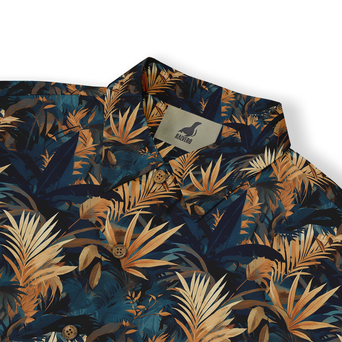 Dark blue shirt with orange palm leaf pattern.
