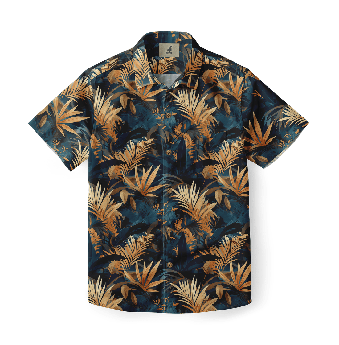 Blue shirt with gold palm leaf pattern, short sleeves.