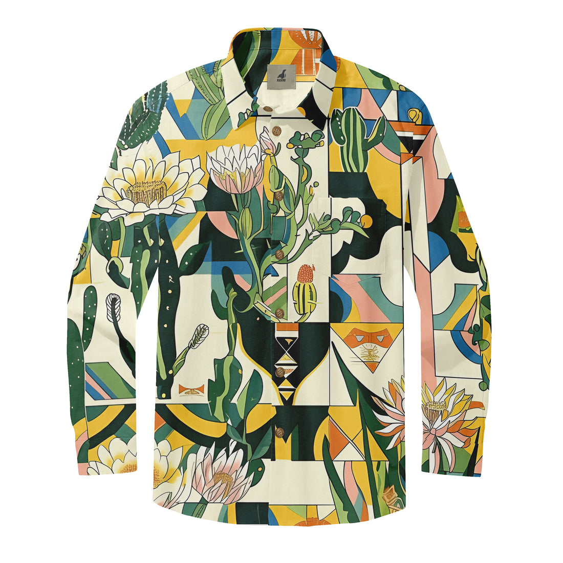 Colorful patterned shirt featuring cacti, flowers, and geometric.