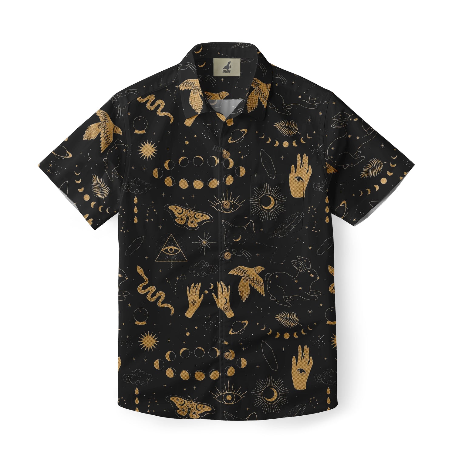 Dark blue short-sleeve shirt with gold mystical patterns including.