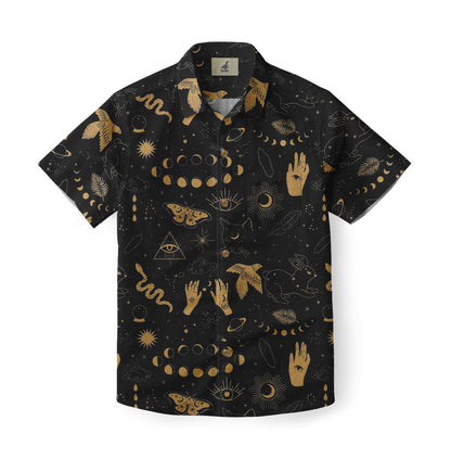 Dark blue short-sleeve shirt with gold mystical patterns including.