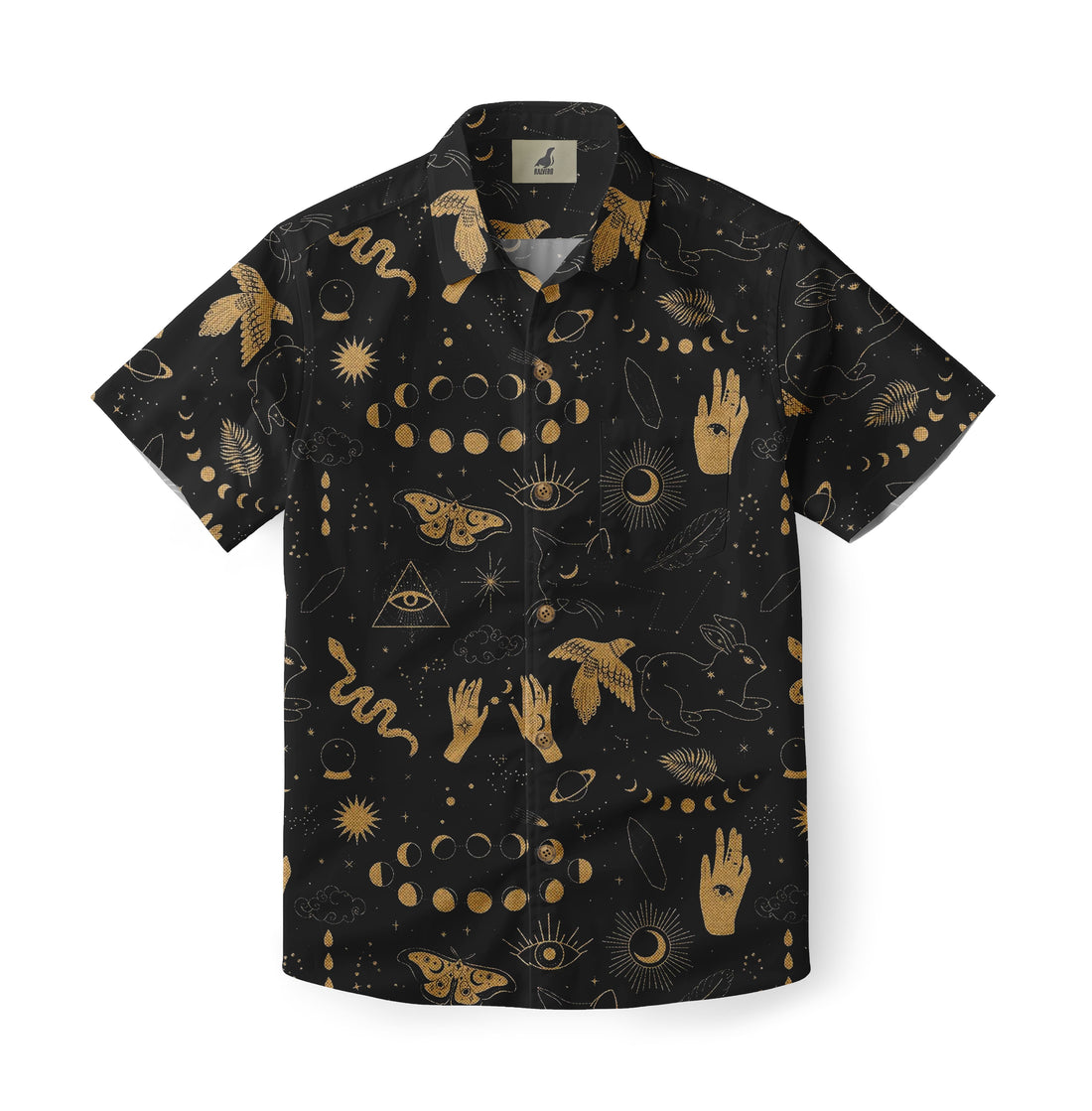Dark blue short-sleeve shirt with gold mystical patterns including.